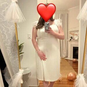 Knit Crepe Midi Dress With Feather Shoulder Accents